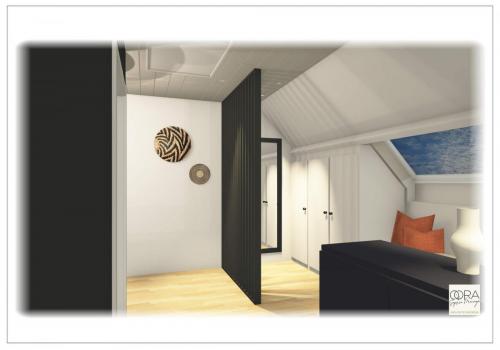 Espace dressing - mobilier sur mesure - verrière atelier - claustra bois noir - grand miroir noir - banquette sous velux avec coussins